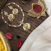 Vriksham Red White & Green Stone Impon Panchaloha Neckpiece-Gold Bead-G18866